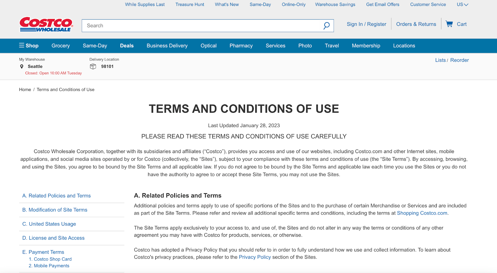 terms and conditions example for costco