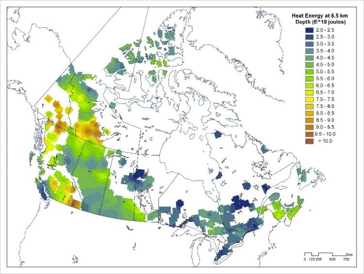 Map of heat energy in Canada, showing the greatest concentration in Alberta Canada.