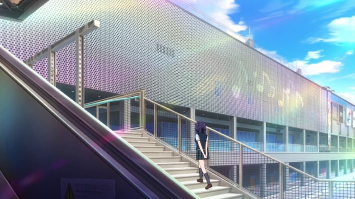 Love Live! Real-life locations in Japan - Karin, shown walking up the palette town entrance stairs