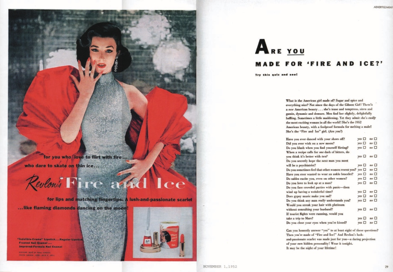 Revlon’s breakout magazine advertising campaigns from 1952, Fire and Ice