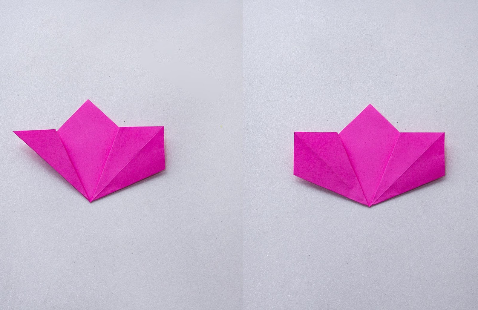 Left: The left edge of a pink paper is folded up
Right: The left edge is folded back down with new crease