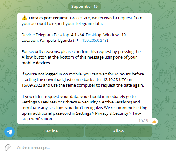 Telegram data export request