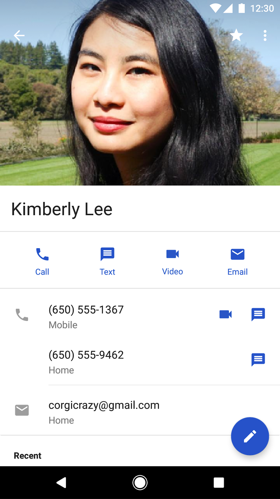 Contacts Android app - new features - screenshot of large photos, directory information