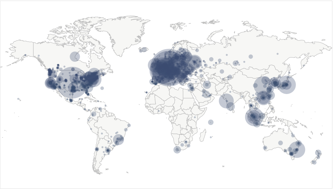 Mapa com os nodes de bitcoin btc ao redor do globo