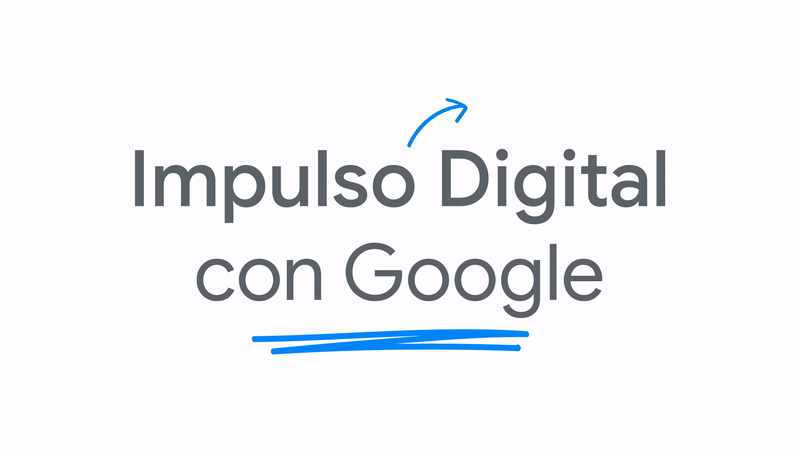 Cartel de la iniciativa Impulso Digital con Google que muestra las siguientes palabras animadas: Turismo, Comercio, Pymes.