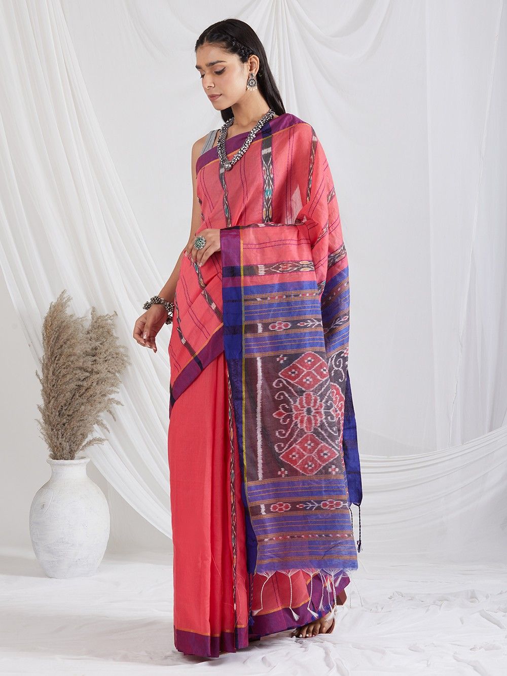 the loom  - Pink Ikat Handwoven Silk Saree