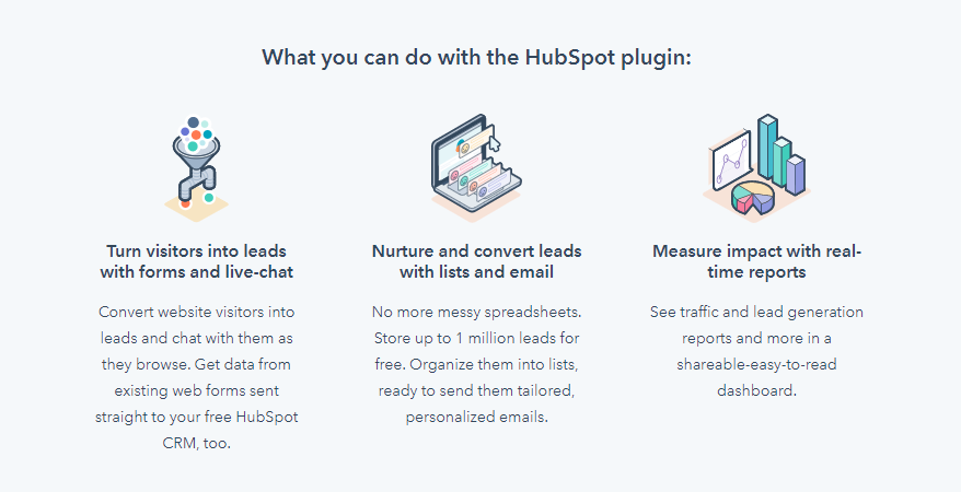 Benefits of HubSpot and website integration: turn visitors into leads with forms and live-chat, nurture and convert leads with lists and email, and measure impact with real-time reports