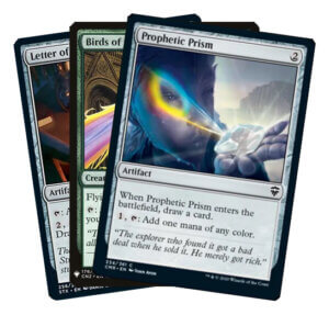 Magic the Gathering cards Prophetic Prism, Birds of Paradise, and Letter of Acceptance