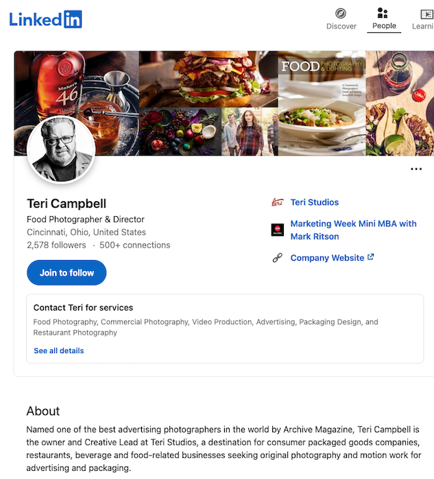 Social media for photographers includes more platforms than just Instagram. This screenshot of Teri Campbell's LinkedIn page shows how you can use branding and marketing on the platform to make the most out of the professional contacts you can connect with.