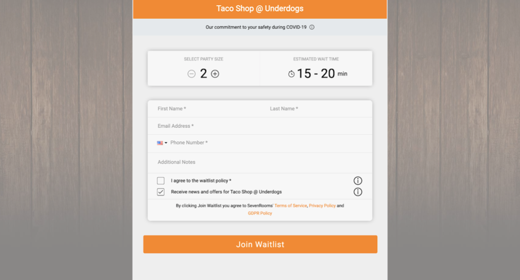 virtual waitlist app Taco Shop
