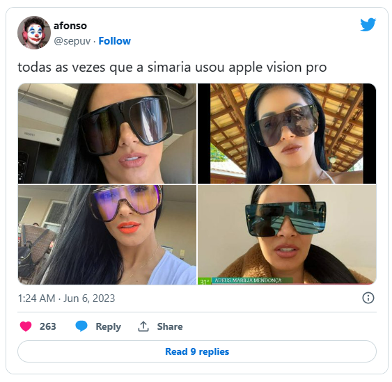 Meme relacionando os óculos da Apple com os óculos da cantora Simária