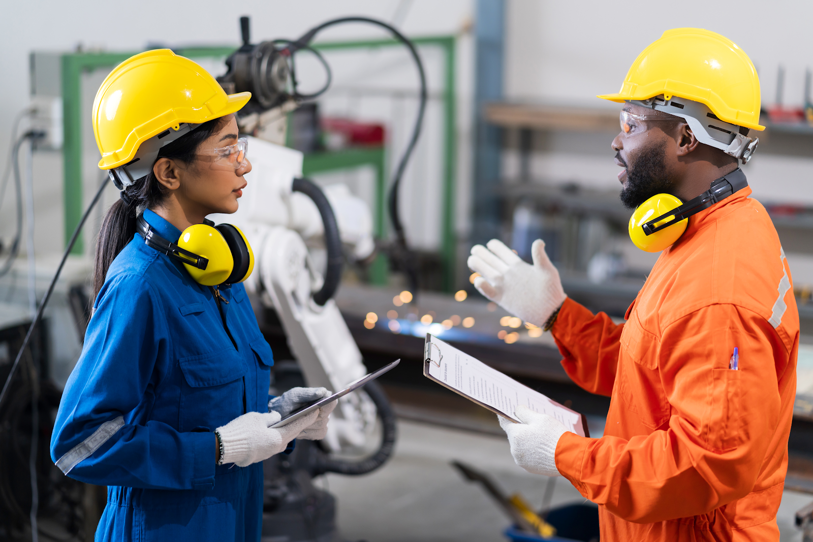 A person and person wearing hard hats and holding a clipboard

Description automatically generated