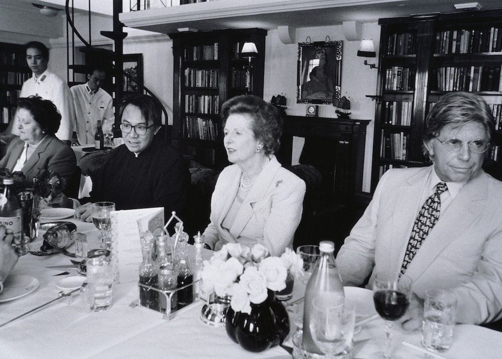 Miller dining with Margaret Thatcher and restauranteur David Tang in Hong Kong, circa 1980s (Photo by © Viviane Moos/CORBIS/Corbis via Getty Images)