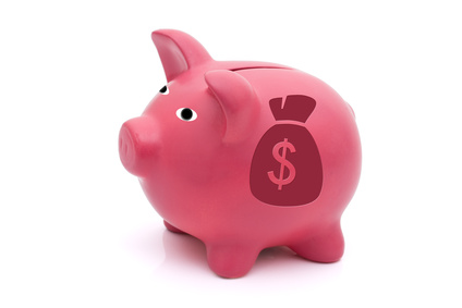 A pink piggy bank with a money bag on a white background, Lots of Money