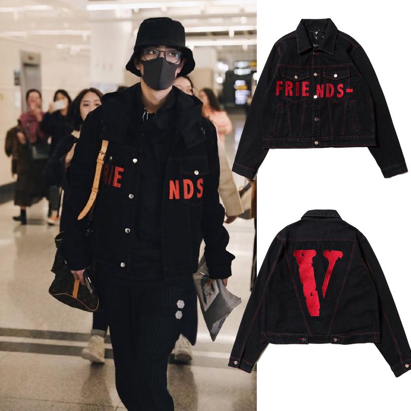 Xiao Zhan's same VLONE heavy embroidered big V denim clothes tide brand  high street vibe wind jacket jacket men and women autumn and winter