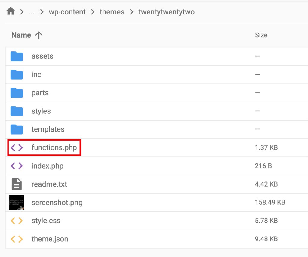 Destaque para o arquivo functions.php dentro da pasta do tema 