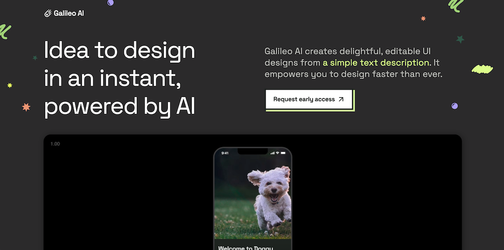 Galileo AI. AI tool to create editable UI. Homepage screenshot