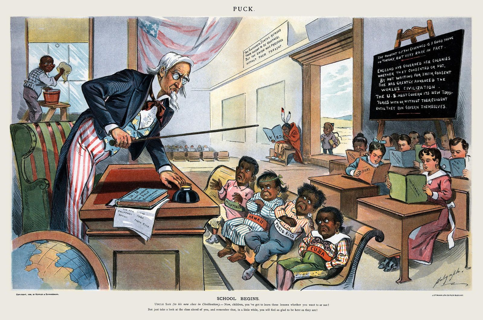 A political cartoon titled "School Begins" published in a US newspaper in 1899 showed Uncle Sam teaching new students as part of the rich history of Philippine independence.
