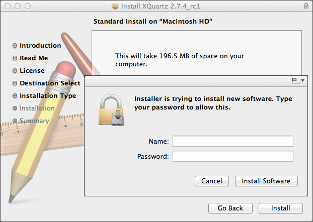 Mac OSアカウントパスワードを入力することにより、XQuartzのインストールを確認します。
