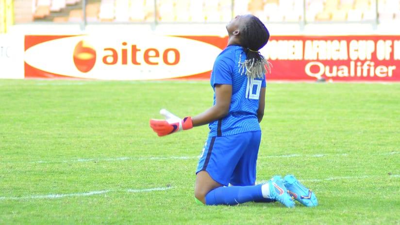 Nigeria goalkeeper Cynthia NNadozie Chiamaka celebrates as Nigeria beat Ivory Coast during the 2022 Womens Africa Cup of Nations qualifying football match between Nigeria and Ivory Coast at the National Stadium i