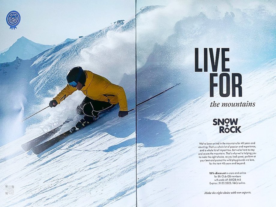 Tearsheet featuring an image by outdoor and adventure photographer Ross Woodhall of an alpine skier tackling a steep, snowy slope at high speed.