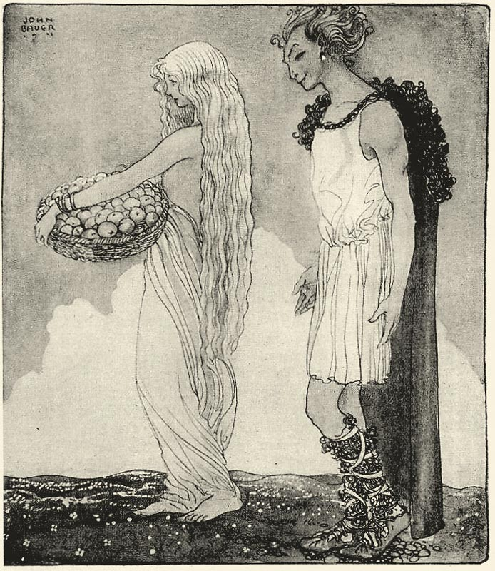 In this black-and-white illustration, Idun carries a basket of apples while Loki stands behind her, wearing a white dress and a cape.