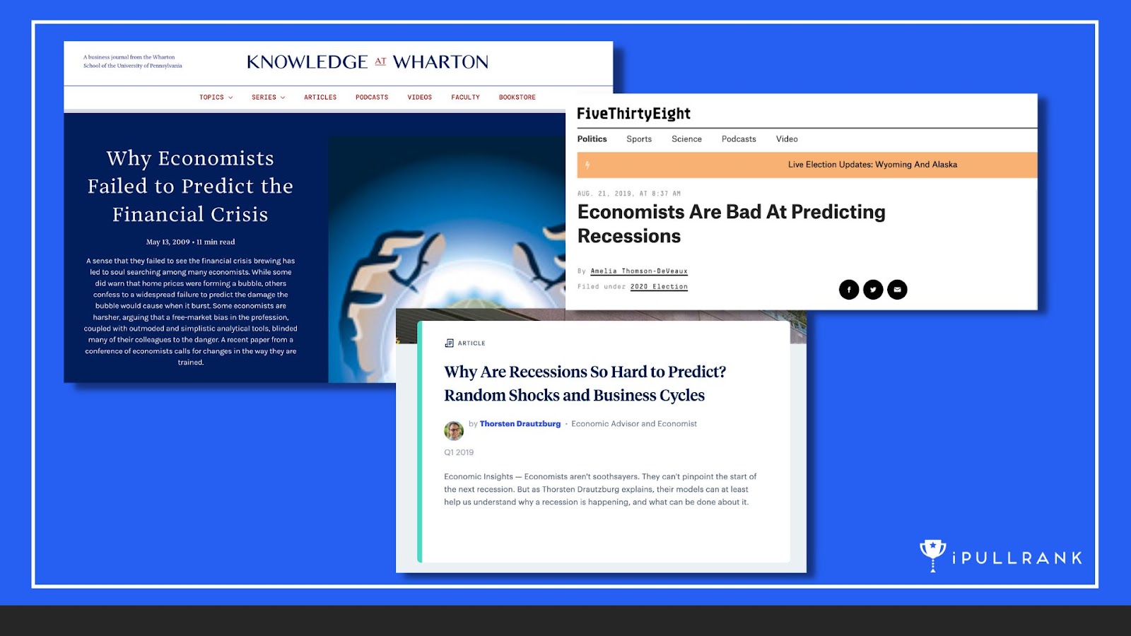 Headlines from news publications highlighting the difficulty in predicting the recession.