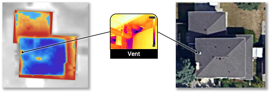 A heat loss map of a house showing leakage from a vent
