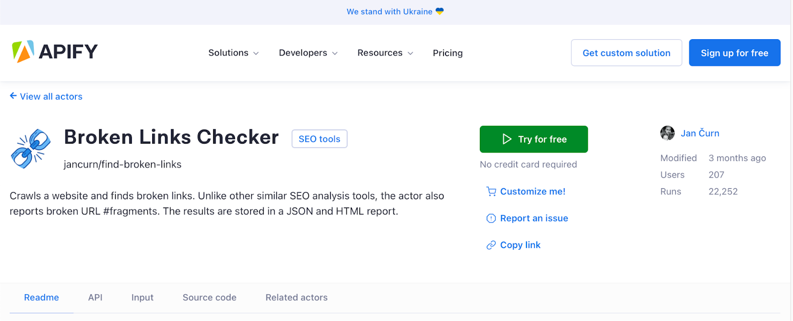 The Broken Links Checker page on Apify Store