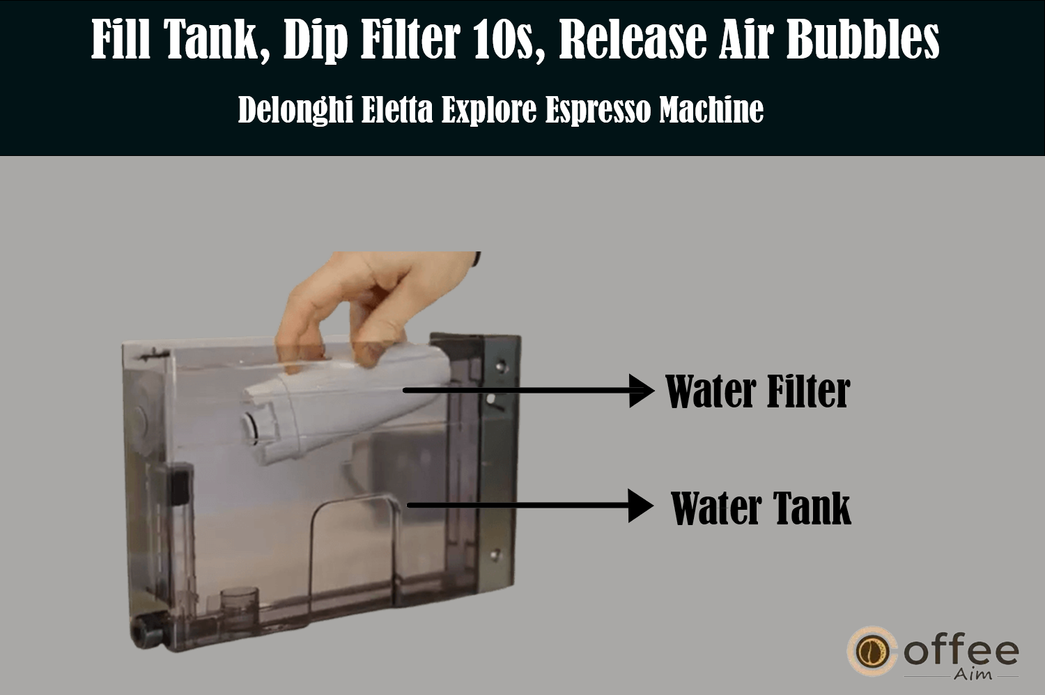 The image provides instructions to fill the tank, immerse the filter for 10 seconds, and release any trapped air bubbles in the 