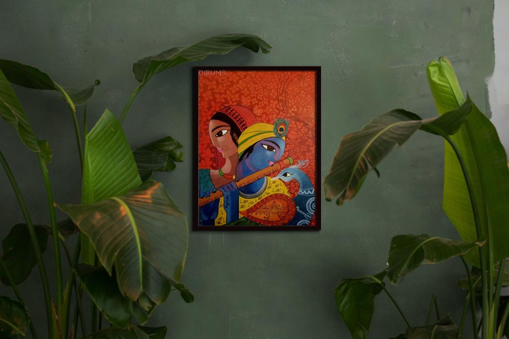 Radha and Krishna with flute wall art paintings