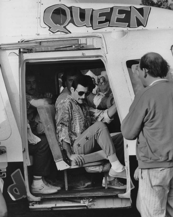Freddie Mercury arriving by helicopter for Queen`s famous Knebworth concert on August 9, 1986