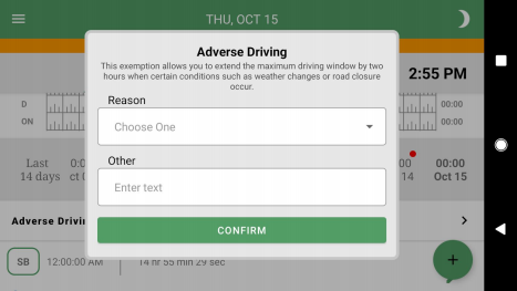 Once a driver has clicked on the “Adverse Driving” button, a window will appear which contains an explanation of the exception and gives drivers the ability to add a note.
