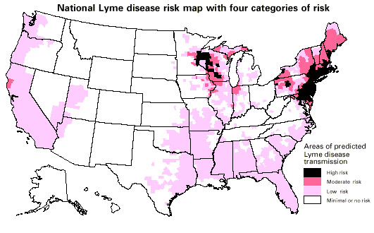 CDC map showing the risk of acquiring Lyme borreliosis in the USA.