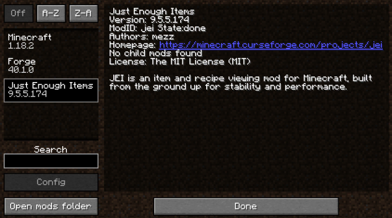 Página de mods do Minecraft (versão Java) com o mod Just Enough Items instalado