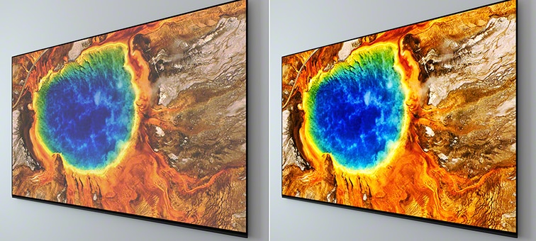 Split screen image of wall mounted TVs with screenshot of blue crater in orange rock showing true colours from all sides