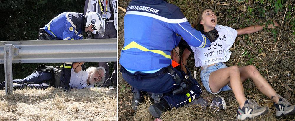 Left: helmeted policeman holds white-haired man to the ground with arm locl. Right: pliceman holds young woman on the ground by the neck.