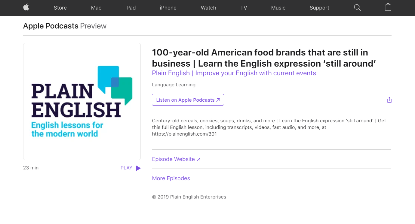 A podcast directory showing Plain English. Podcasts are a great way to build your active English listening skills. 