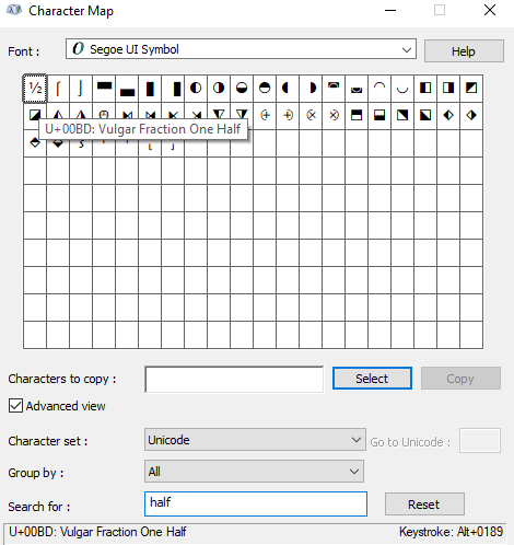 copy and paste half symbol