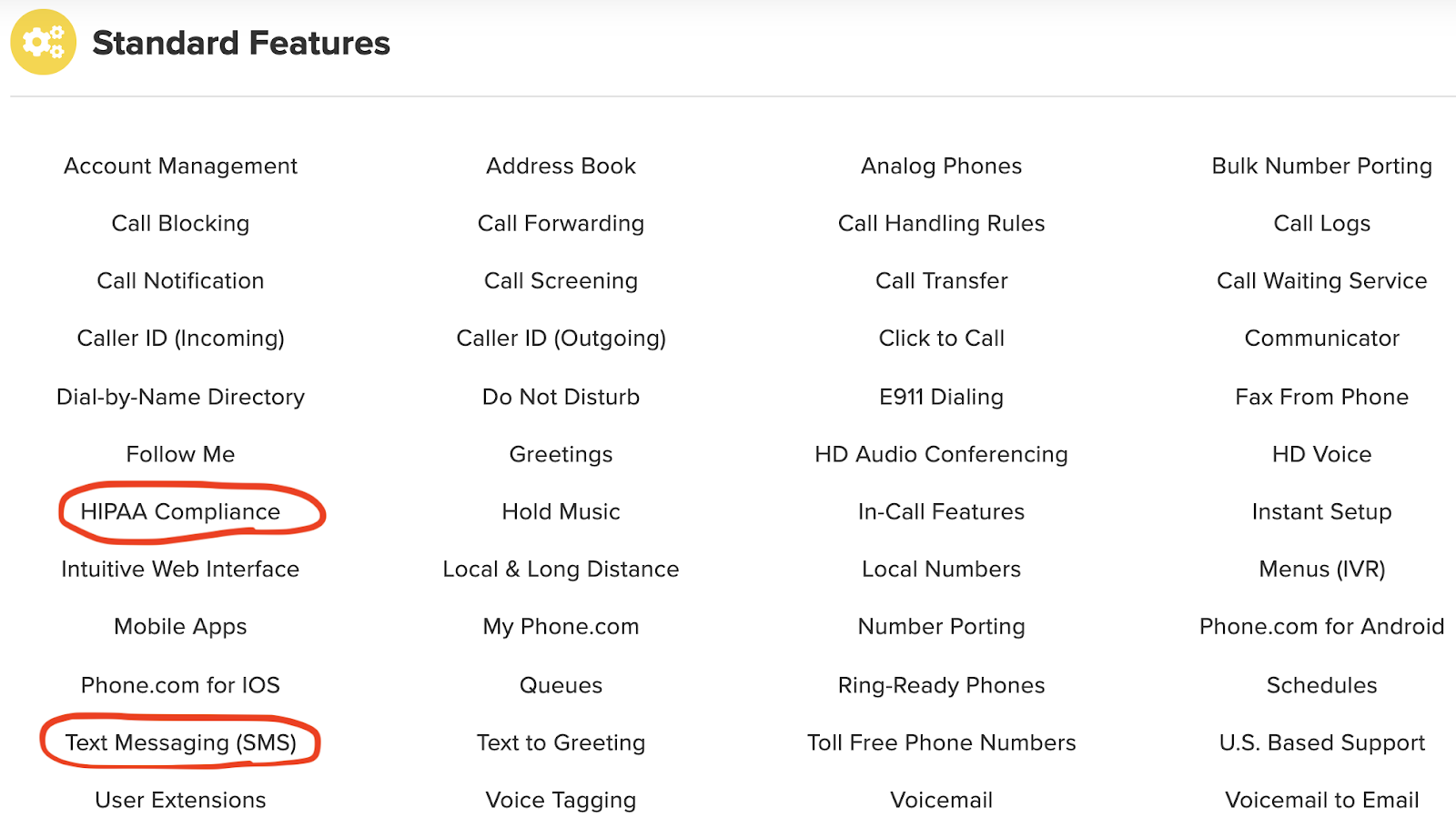 Phone.com Standard Features