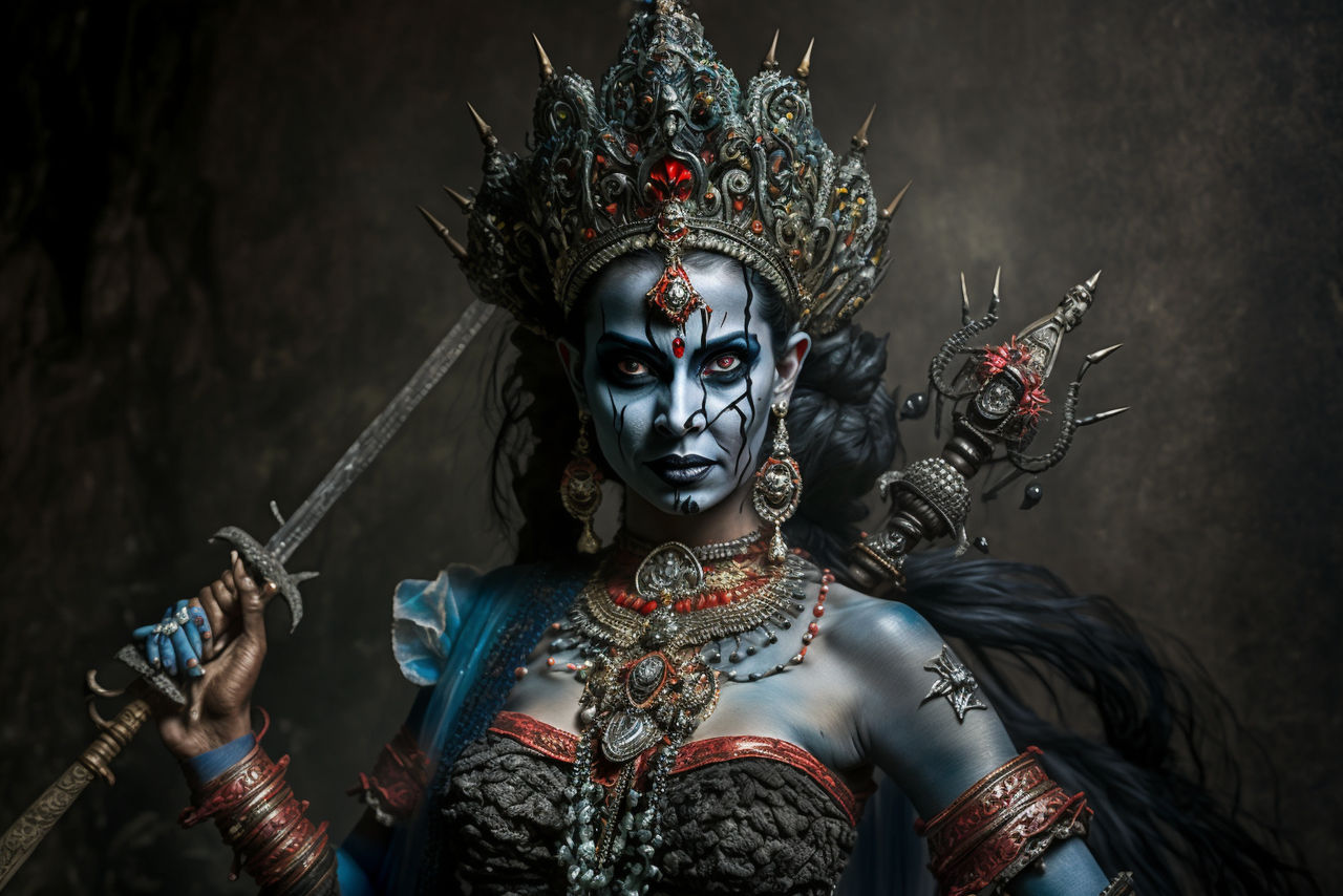 The illustration depicts Kali in her blue form holding a sword in her hand and looking as if she is prepared for battle. 
