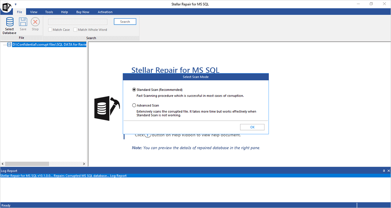Select an appropriate scan mode to repair the file and click OK
