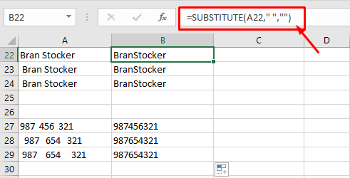 Remove spaces in Excel using SUBSTITUTE function