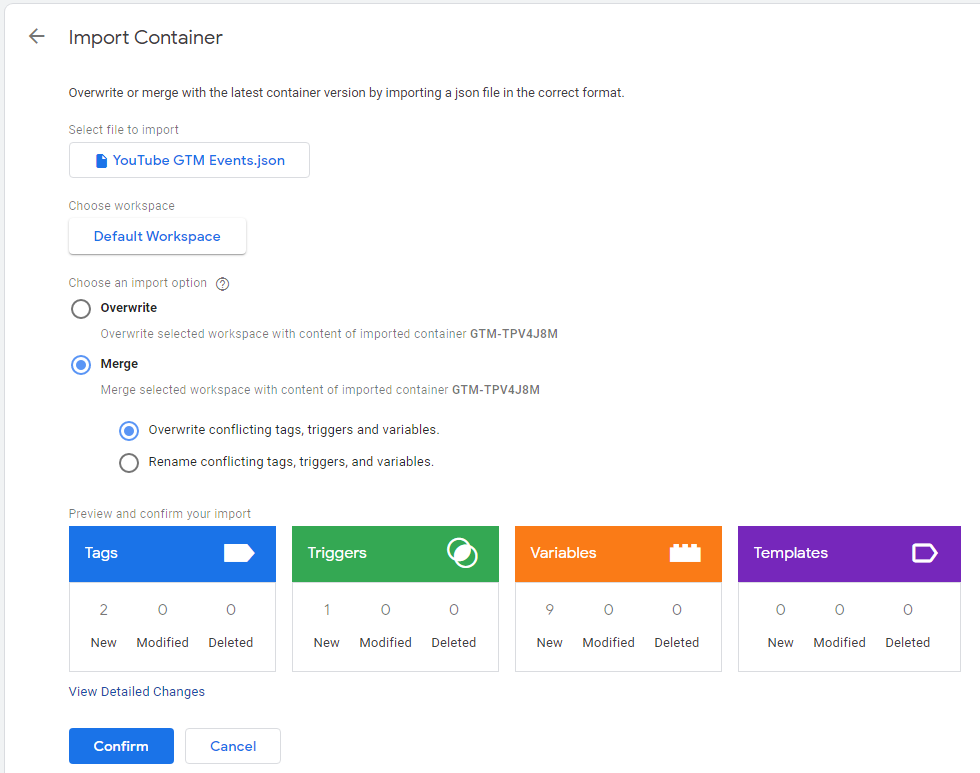 import YouTube event recipe in GTM