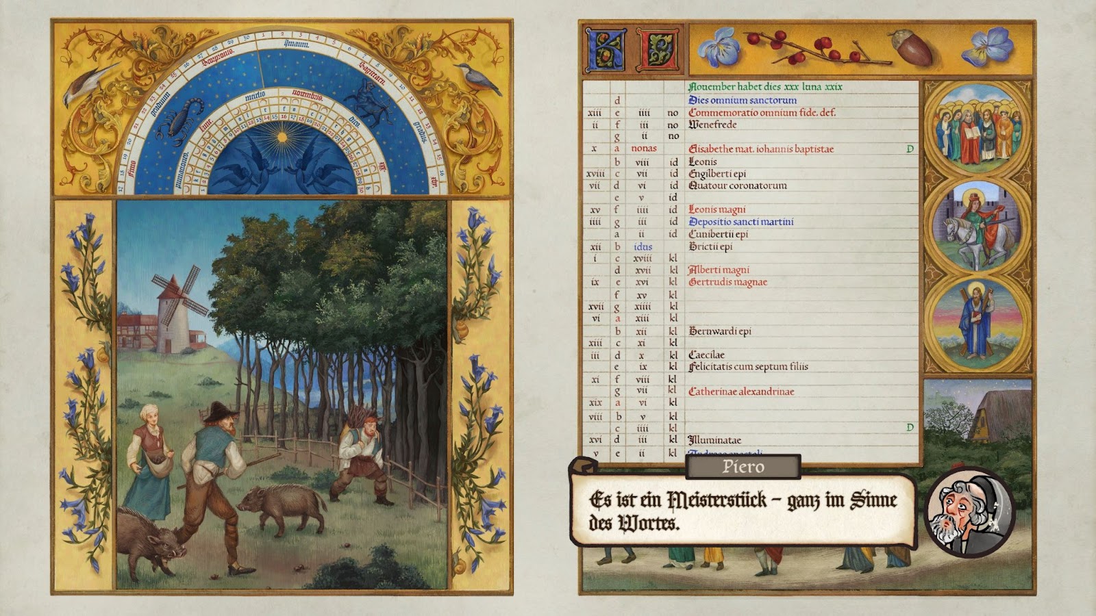 A screenshot of a bifolium of an illuminated manuscript inspired by the Tres Riches Heures de Duc du Berry, the project Andreas is working on throughout the first part of the game.