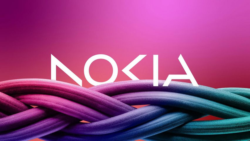Nokia logo redesign on a pink background with weaving chords