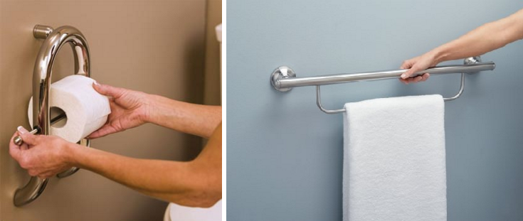 Towel racks and toilet paper dispensers that double as a grab bar