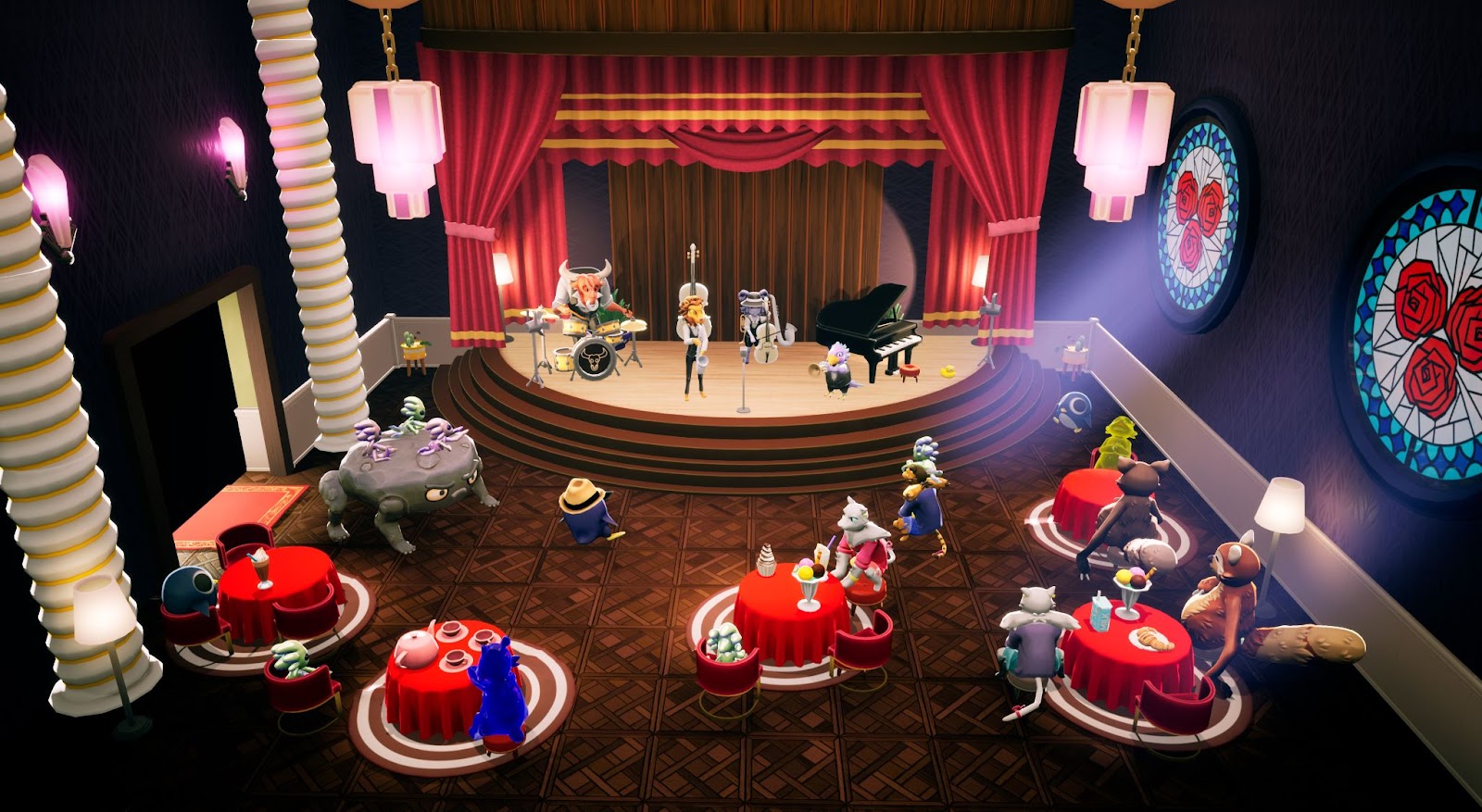 A room depicted like a stage with tables and chairs, with guests watching the show.