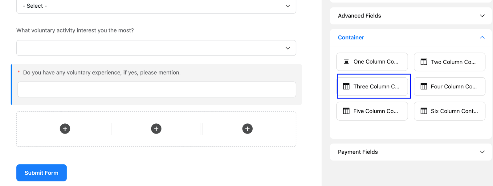 containers, input fields