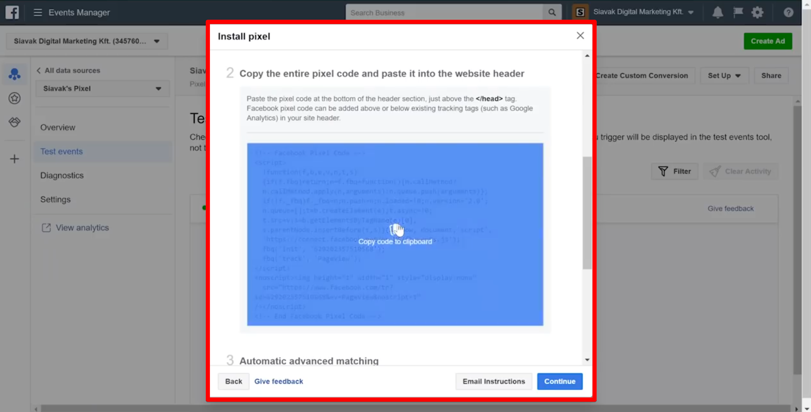Copy the pixel code from the Facebook Pixel by clicking on the code field